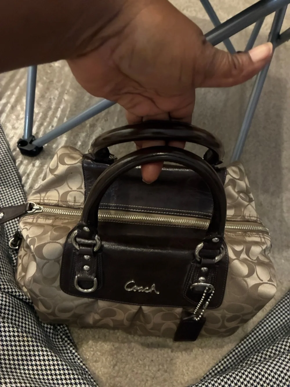 Coach Signature Satchel Brown Tan Canvas Leather Trim Handbag with hang tag - Picture 7 of 9
